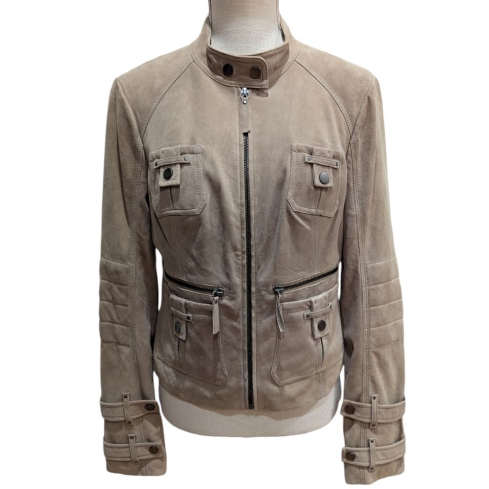 Blanc Noir Women's M Raw Leather Suede Tan Moto Jacket Zip Up